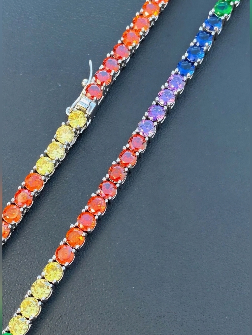 Tennis Chain SOLID 925 Gold Vermeil/ Single Row Rainbow CZ Necklace 20" - Picture 4 of 8